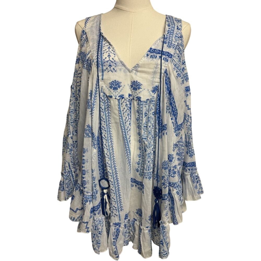 NWT ASOS Blue White Cover Up Dress Cold Shoulder Tassle US 6/UK 10 Greece Beach